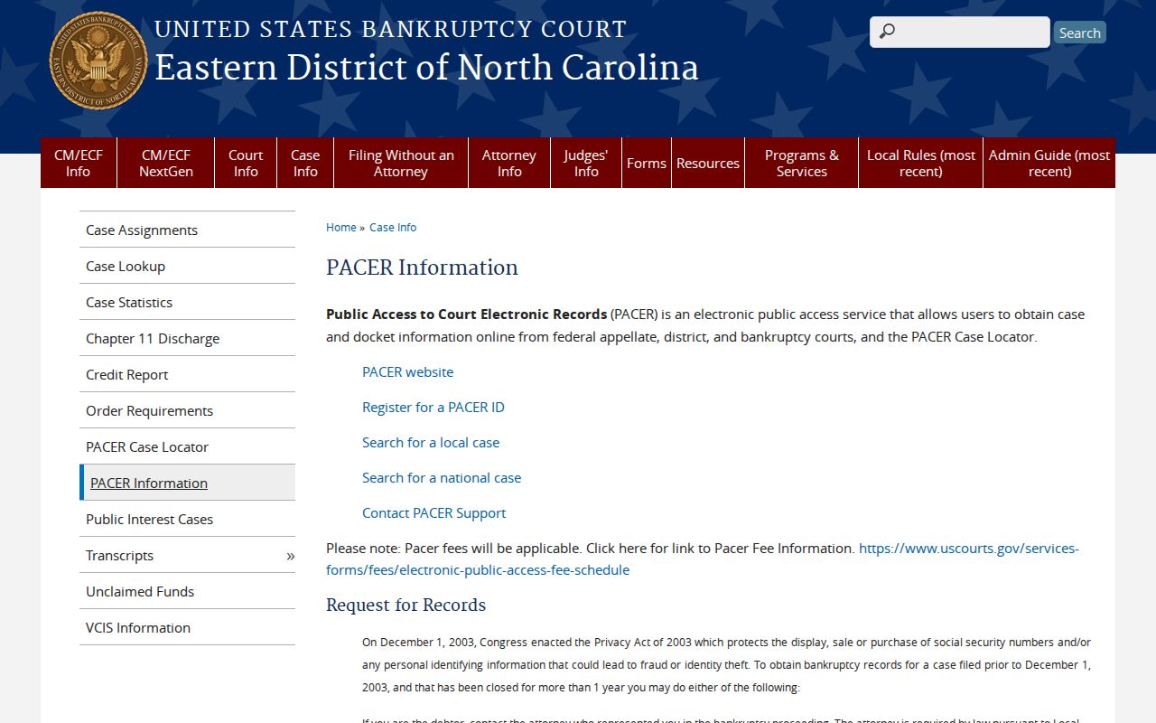 New Hanover County case search boundary and Eastern District Bankruptcy PACER information
