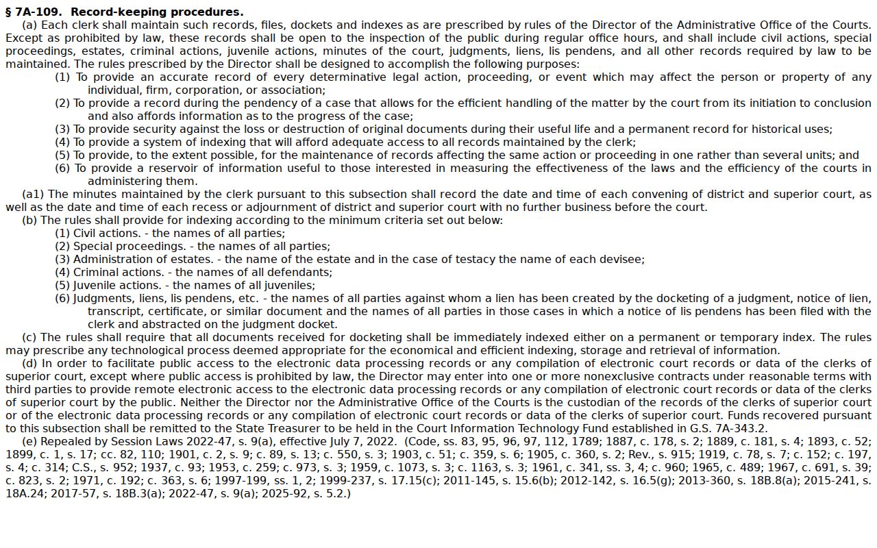 New Hanover County civil court dockets clerk recordkeeping statute