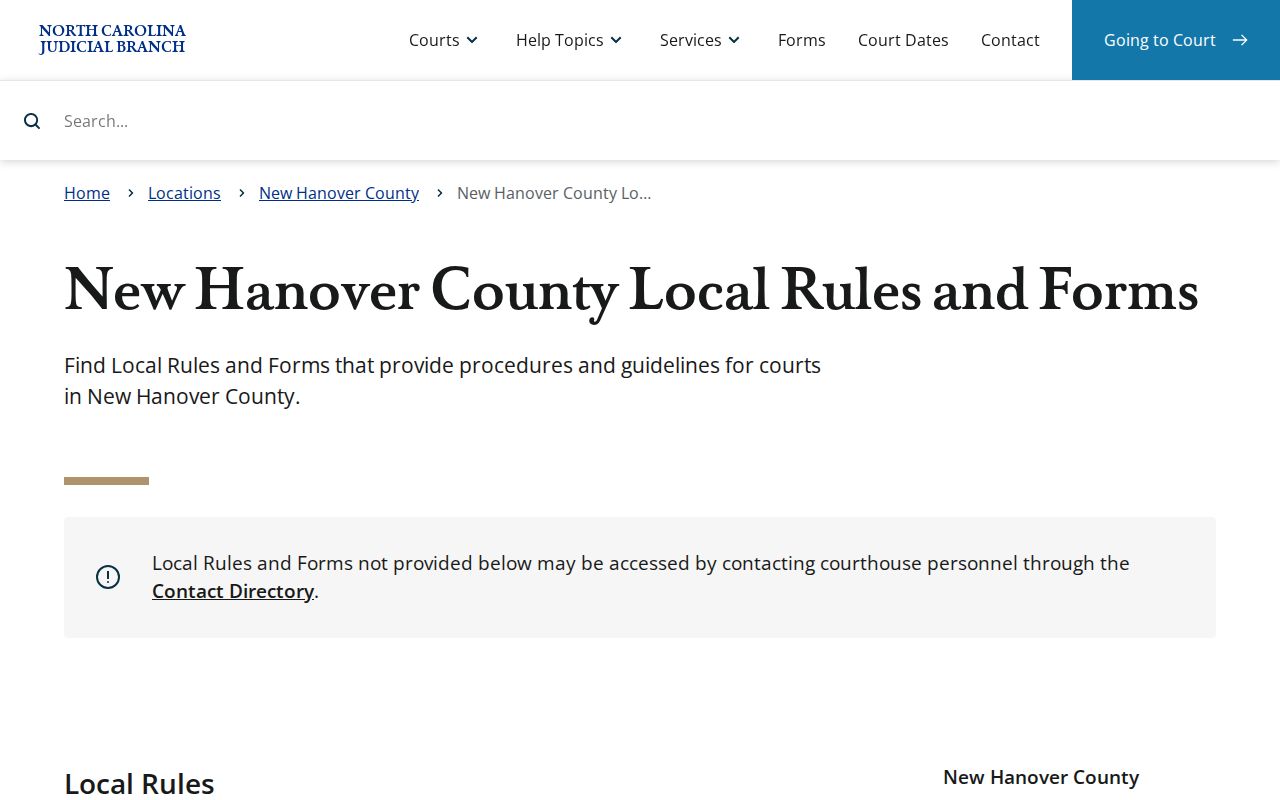 New Hanover County court schedule rules and local calendar forms
