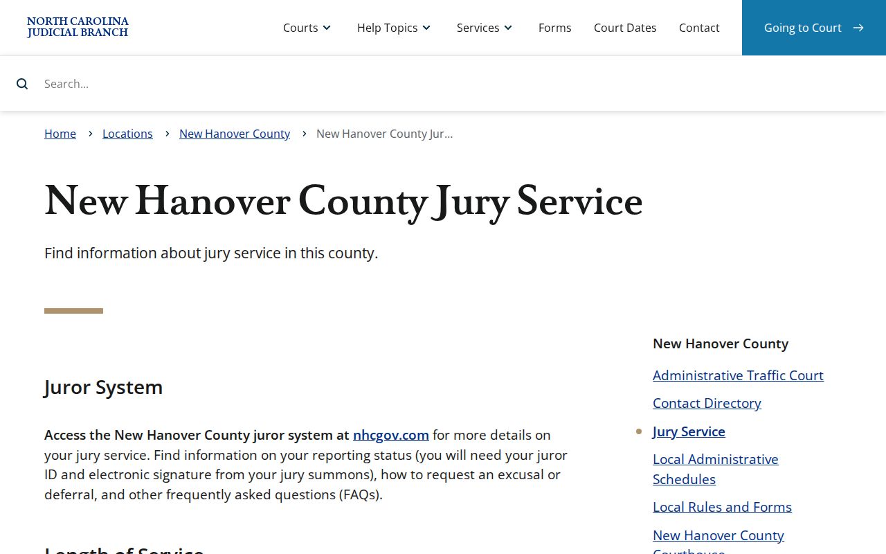 New Hanover County court calendar and jury-service information