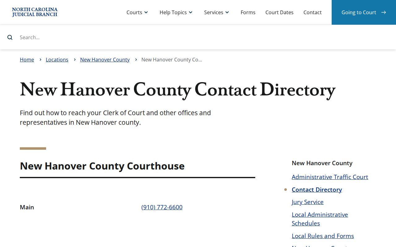 New Hanover County court schedule contact directory for clerk and court offices