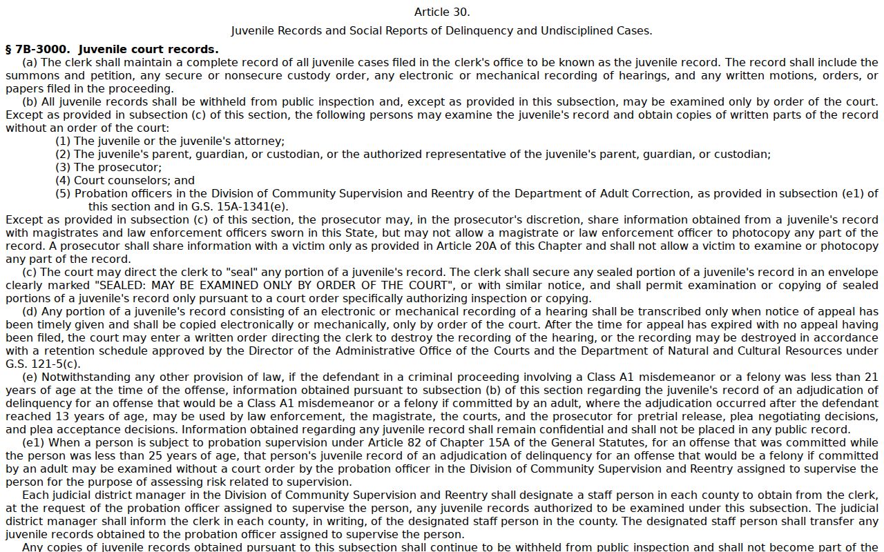 New Hanover County criminal court dockets juvenile record access statute