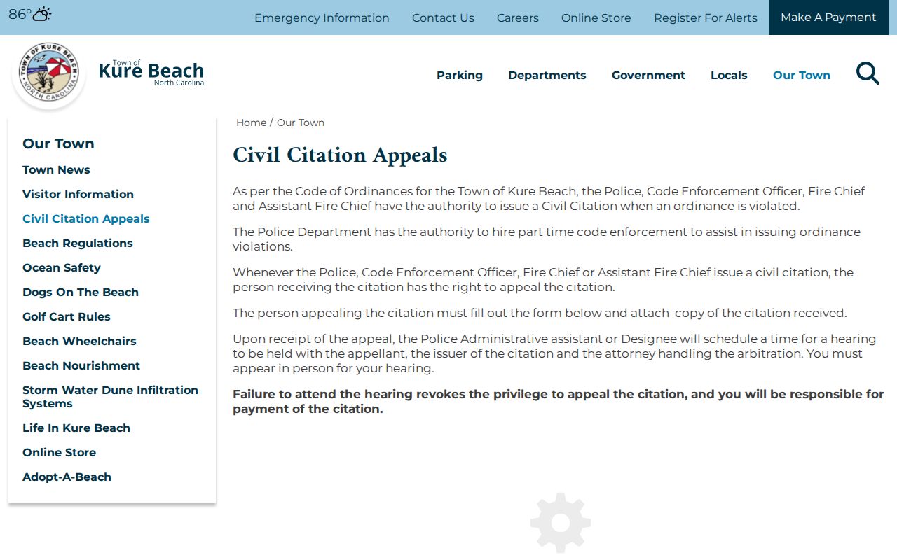 Kure Beach court records boundary and Town civil-citation appeal hearing process