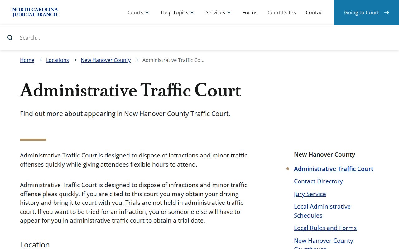 New Hanover County traffic court records Administrative Traffic Court information